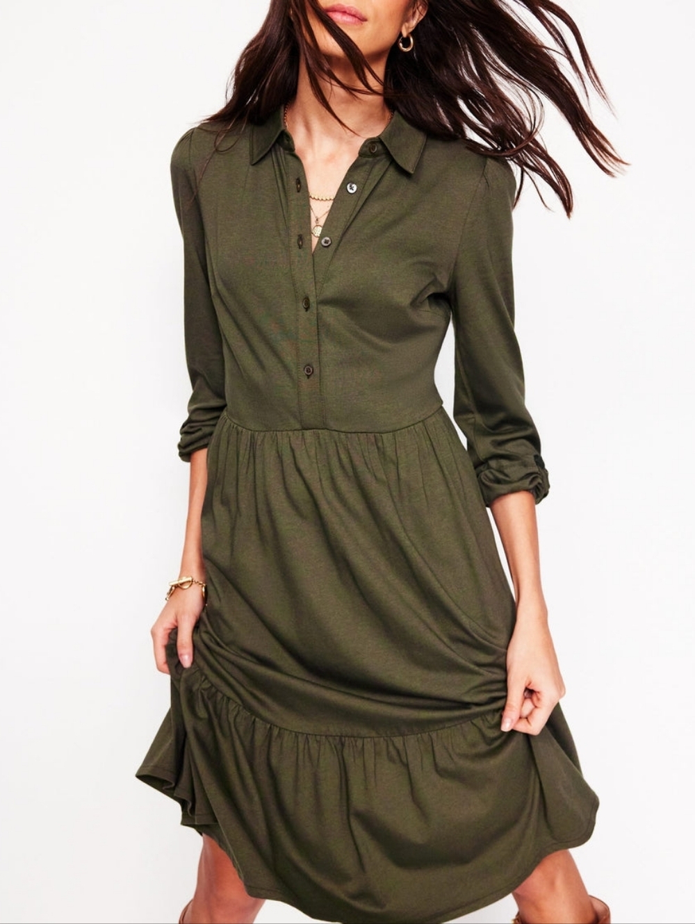Boden Jemma Tiered Jersey Dress In Classic Khaki - Size 6 Tall